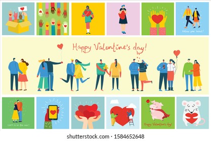 Share your Love. Hands and people with hearts as love massages. Vector illustration for Valentine's day in the modern flat style