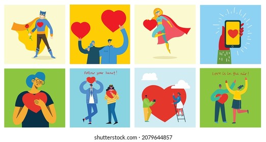 Share your Love. Hands and people with hearts as love massages. Vector illustration for Valentine's day in the flat style