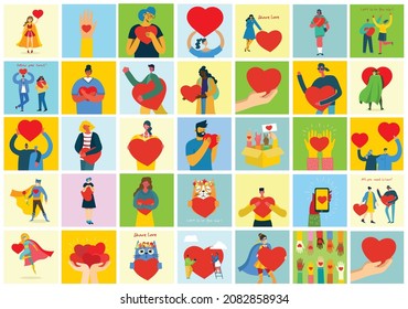 Share your Love. Hands and people with hearts as love massages. Vector illustration for Valentine's day in the flat style