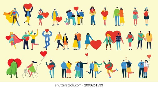 Share your Love. Hands and people with hearts as love massages. Vector illustration for Valentine's day in the flat style