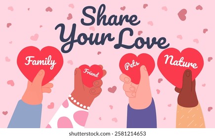 Share your love. Help united, volunteering holidays. Hand holding hearts, hope concept. Positive emotions, protect peace utter vector banner. Illustration of charity group with red heart support