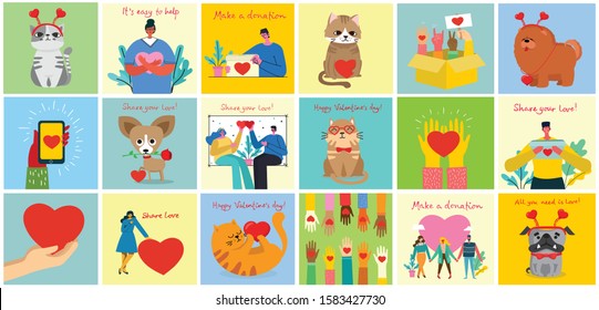 Share your Love. People and animals with hearts as love massages. Vector illustration for Valentine's day in the modern flat style