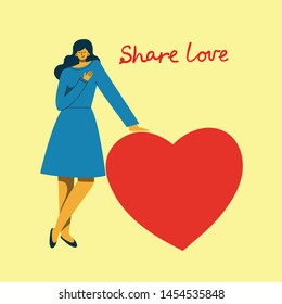 Share your Love.  People with hearts as love massages. Vector illustration for Valentine's day in the modern flat style