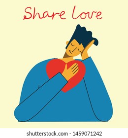 Share your Love. People with hearts as love massages. Vector illustration for Valentine's day in the modern flat style