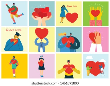 Share your Love. People with hearts as love massages. Vector illustration for Valentine's day in the modern flat style