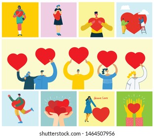 Share your Love. People with hearts as love massages. Vector illustration for Valentine's day in the modern flat style