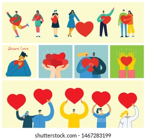 Share your Love. People with hearts as love messages. Vector illustration for Valentine's day in the modern flat style