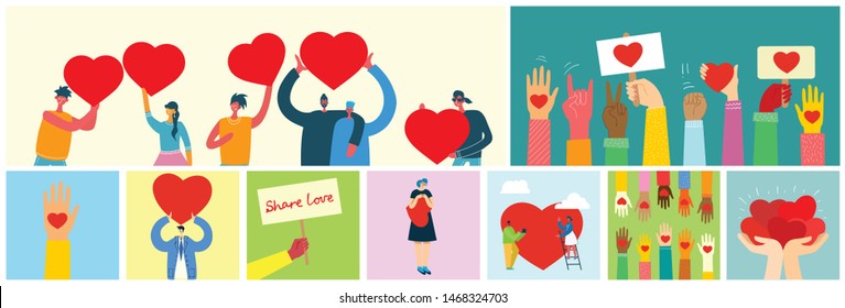 Share your Love. People with hearts as love messages. Vector illustration for Valentine's day in the modern flat style