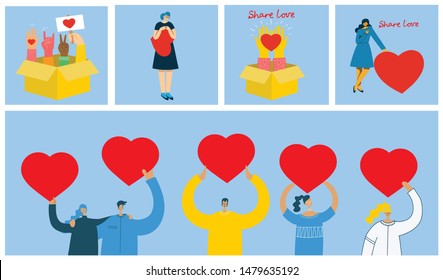 Share your Love. People with hearts as love messages. Vector illustration for Valentine's day in the modern flat style