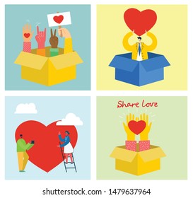 Share your Love. People with hearts as love messages. Vector illustration for Valentine's day in the modern flat style