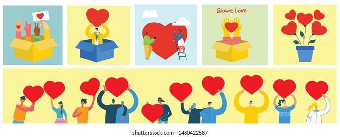 Share your Love. People with hearts as love messages. Vector illustration for Valentine's day in the modern flat style