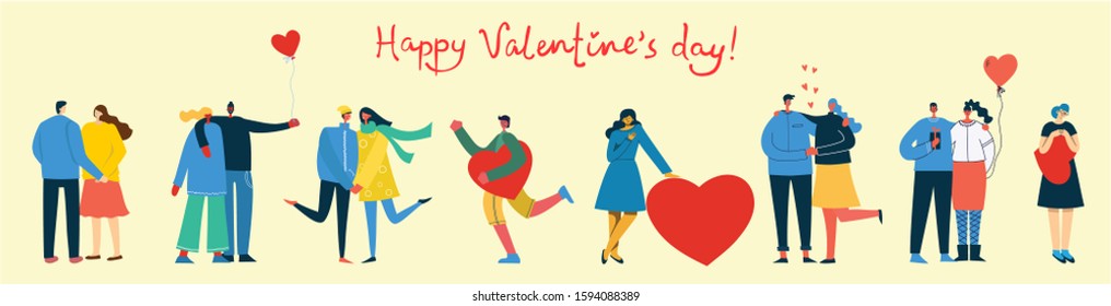 Share your Love. People with hearts as love massages. Vector illustration for Valentine's day in the modern flat style