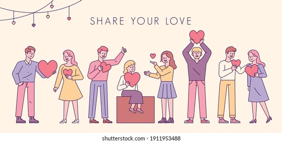 Share your love. People are standing in a line with hearts in their hands. flat design style minimal vector illustration.