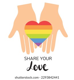 Share your Love text. LGBT Pride Logo. Badge Logo with LGBT Rainbow Illustration. Creative Vector Design Element for Pride Month Logo, Square Banner, Social Media Post Template.