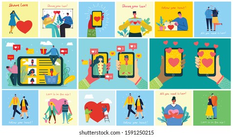 Share your love. Vector Valentine's concept on online dating application in flat design. Male and female hands holding mobile phones with abstract dating app profile on display.