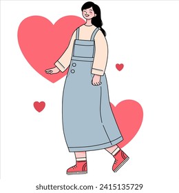 Share your love.Cheerful woman carrying present box with bow. Flat vector cartoon illustration isolated on white background. Concept of birthday, women's day, valentine's day, give present.