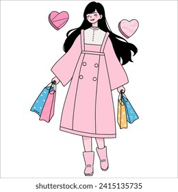 Share your love.Cheerful woman carrying present box with bow. Flat vector cartoon illustration isolated on white background. Concept of birthday, women's day, valentine's day, give present.