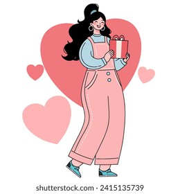 Share your love.Cheerful woman carrying present box with bow. Flat vector cartoon illustration isolated on white background. Concept of birthday, women's day, valentine's day, give present.