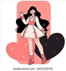 Share your love.Cheerful woman carrying present box with bow. Flat vector cartoon illustration isolated on white background. Concept of birthday, women's day, valentine's day, give present.