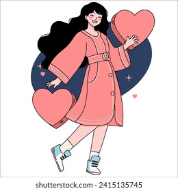 Share your love.Cheerful woman carrying present box with bow. Flat vector cartoon illustration isolated on white background. Concept of birthday, women's day, valentine's day, give present.