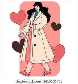 Share your love.Cheerful woman carrying present box with bow. Flat vector cartoon illustration isolated on white background. Concept of birthday, women's day, valentine's day, give present.