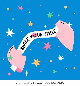 Share your smile. Positive message fortune cookie. Cute trendy vector illustration. Card with motivation quote.