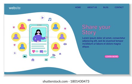 Share your story landing page template showing girl doing different activities in social network, flat vector illustration