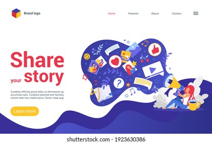 Share Your Story On Social Media Vector Illustration. Cartoon Woman User Character Holding Megaphone, Blogger Storyteller Sharing Visual Content In Bubble, Viral Photo Video Blog Story Landing Page