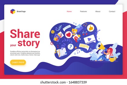 Share your story website landing page cartoon vector illustration. Colorful modern flat design template. Interesting content creating, sharing photo video feedback through social networks media.