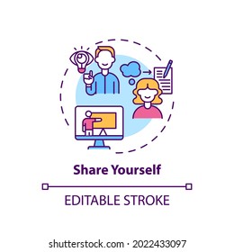 Share yourself concept icon. Personal accomplishment. Self development and individual improvement idea thin line illustration. Vector isolated outline RGB color drawing. Editable stroke