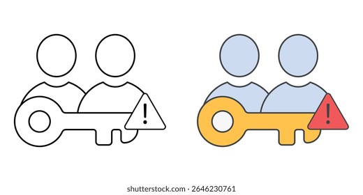 Shared account usage warning icon with two users, one key, and alert sign, in outline and color styles, ideal for illustrating security risks, shared login concerns, and IT policy violation alerts.