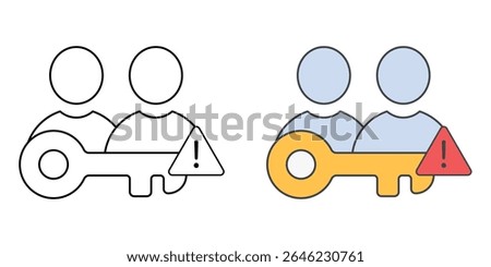 Shared account usage warning icon with two users, one key, and alert sign, in outline and color styles, ideal for illustrating security risks, shared login concerns, and IT policy violation alerts.