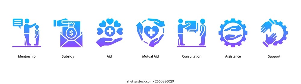 Ilustración vectorial del ícono del Anuncio del Web de Cuidado Compartido que presenta mentoría, subsidio, ayuda, ayuda mutua, consulta, asistencia y Asistencia.