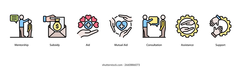 Ilustración vectorial del ícono del Anuncio del Web de Cuidado Compartido que presenta mentoría, subsidio, ayuda, ayuda mutua, consulta, asistencia y Asistencia.