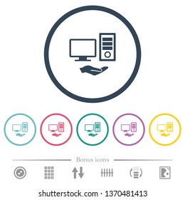 Shared computer flat color icons in round outlines. 6 bonus icons included.