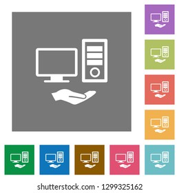 Shared computer flat icons on simple color square backgrounds