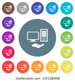 Shared computer flat white icons on round color backgrounds. 17 background color variations are included.