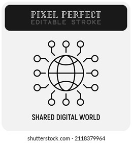 Shared digital world, metaverse development thin line icon. Pixel perfect, editable stroke. Vector illustration.