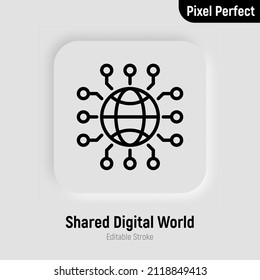 Shared digital world, metaverse development thin line icon. Pixel perfect, editable stroke. Vector illustration.