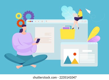 Shared document concept, vector illustration, flat business woman look at sharing files, web page with teamwork data, tiny girl worker sit at screen.
