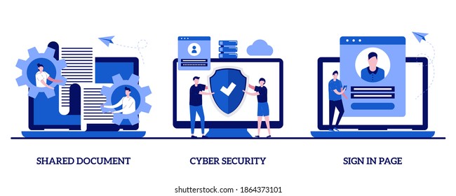 Shared document, cyber security, sign in page concept with character. Cloud service access abstract vector illustration set. Public folder access, editing online, data protection, user login metaphor.