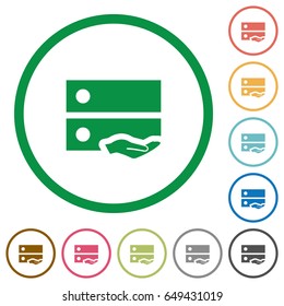 Shared drive flat color icons in round outlines on white background
