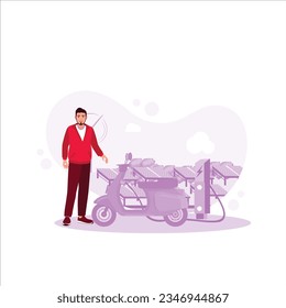 Shared electric scooter with charging station with solar panels and windmills in the background. Trend Modern vector flat illustration.