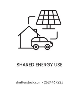 Shared energy use icon with editable stroke for distributed solar energy between house, vehicle and grid