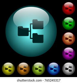 Shared folders icons in color illuminated spherical glass buttons on black background. Can be used to black or dark templates