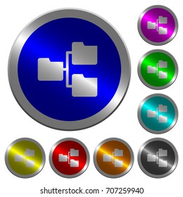 Shared folders icons on round luminous coin-like color steel buttons