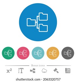 Shared folders outline flat white icons on round color backgrounds. 6 bonus icons included.