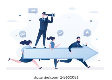 Objetivos compartidos, trabajo en equipo. Empresarios corriendo con una gran flecha y apuntando al objetivo. Líder de negocios utiliza spyglass para la visión de negocios. Proyecto de desarrollo de equipo exitoso. Cooperación, estrategia de la empresa.