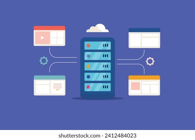 Shared hosting, Web hosting, websites hosted in a single server, cloud web hosting - vector illustration background with icons