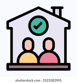 Shared Housing Icon, Roommate With Checkmark Sign Vector Icon, Isolated Lineal Color Vector Icon.